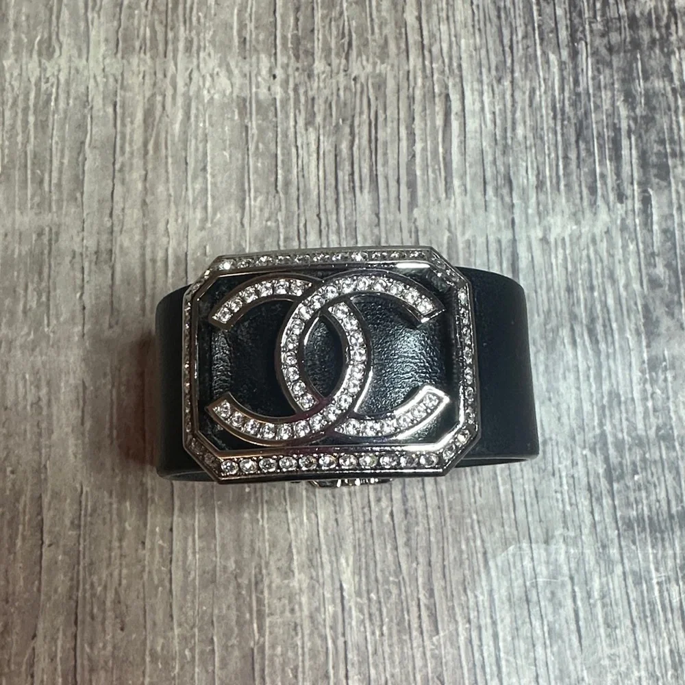 Stunning CHANEL Authentic Crystal Logo Bracelet with Leather Band.